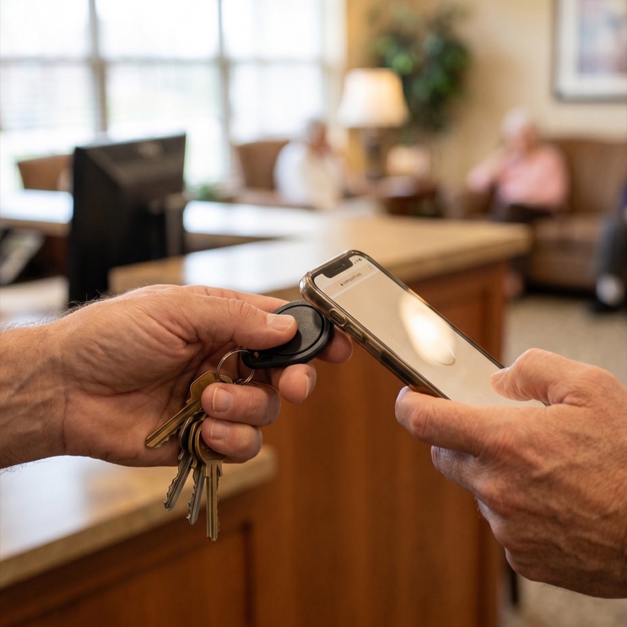 A staff member holds out a keychain tap fob while a family member taps their phone to it at a senior living front desk
